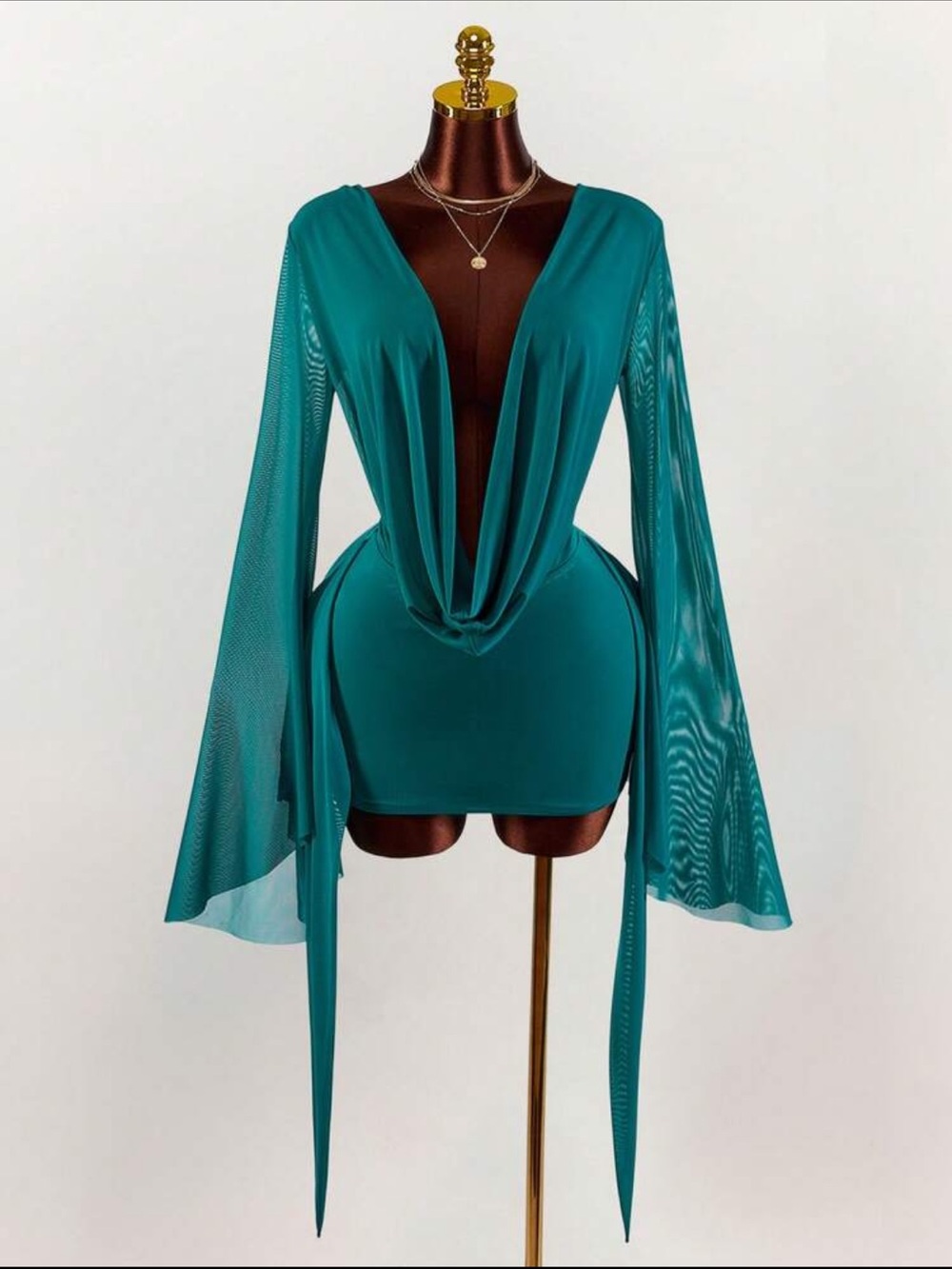 Teal Drape Front Bell Sleeve Mini Dress